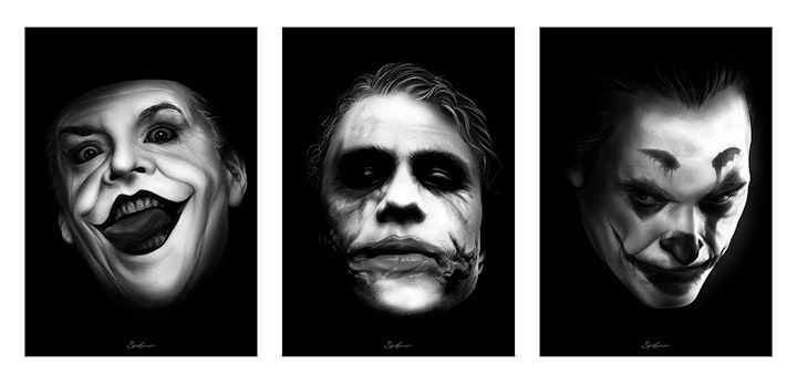The Three Jokers - Originally conceived as a warm-up exercise when creating my Joker (2019) poster illustration, this turned into a project that has proven to be one of my popular sets of artwork. Showcasing the 3 most iconic big screen interpretations of the legendary DC Comics villain.

All illustrated in Procreate on the iPad Pro.