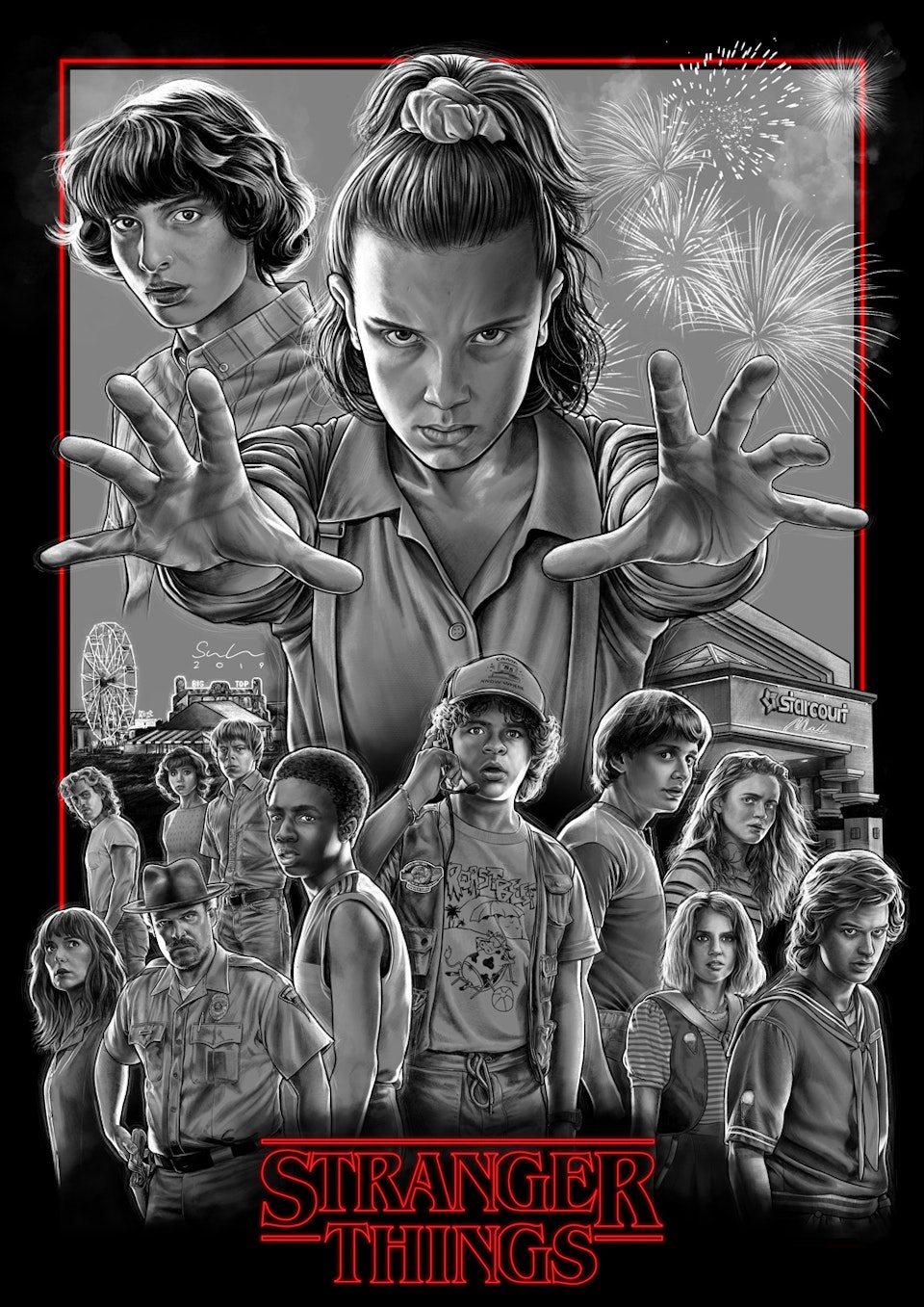 Stranger Things - This is the poster drawing fully assembled with the border effects and logo placement. From here I coloured the the piece as a whole, adding effects such as lighting on the logo at the same time to create a cohesive image.

Below you can see an animation of the colours coming together once the piece was fully assembled.
