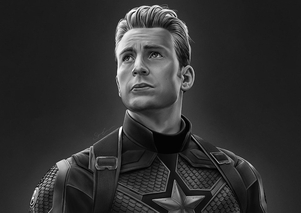 Black and White Character Portraits - Although Robert Downey Jr.'s portrayal of Tony Stark has become unanimously lauded and iconic (rightly so), enough cannot be said about Chris Evan's depiction of Captain America. He manages to tread that fine line across believeable sincerity without ever falling into corniness, which would be all too easy from a man dressed in stars and stripes. 
His appearance in Avengers Endgame is the greatest on screen look for the character, designed by the masterful Ryan Meinerding. I was so pleased to see the scales realised in love action in such a slick way. I had to draw it, even if those beautiful scales almost gave me carpal tunnel.
Drawn in Procreate on iPad Pro.