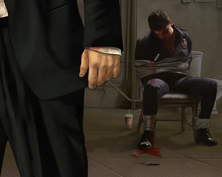 Reservoir Dogs - Detail shot - The unfortunate cop, tortured by Mr. Blonde. Around him you can see Mr. Blonde's drink and straight razor, and the officer's newly detached ear.