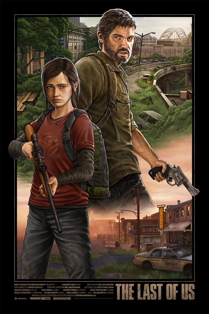 The Last of Us - The Last of Us Poster

After finishing my The Last of Us Part II fan art poster I felt compelled to make a follow up for the preceding game in the franchise. After much iteration i settled on a composition that focuses purely on Ellie and Joel. Initially the poster included many of the secondary characters and cast, but I decided it diluted what was essentially the core premise of the game - the growing father/daughter relationship between the two protagonists.

Around them I wanted to indicate towards the post apocalyptic world that the game takes place in, featuring iconic locations Bill's Town and Pittsburgh, where the game's story really begins to develop.

Also within the background I wanted to allude to the Fireflies, the revolutionary militia group from the game. In doing so, I sought to include their logo in a subtle way.