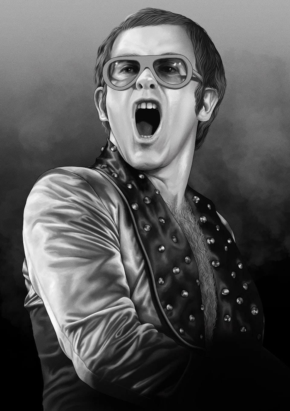Elton John - Official concert poster - Original greyscale illustration before colours were applied. Illustrated in @Procreate