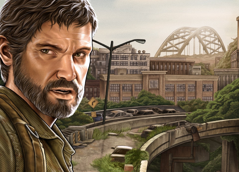 The Last of Us - Detail shot - Joel, with the Pittsburgh bridge and highway scenery