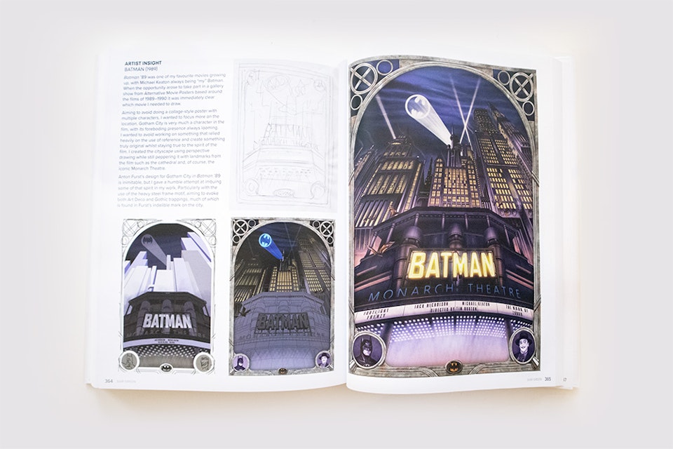 Published work - Interior of The Art of Movie Posters, showcasing the process of my Batman '89 poster illustration.