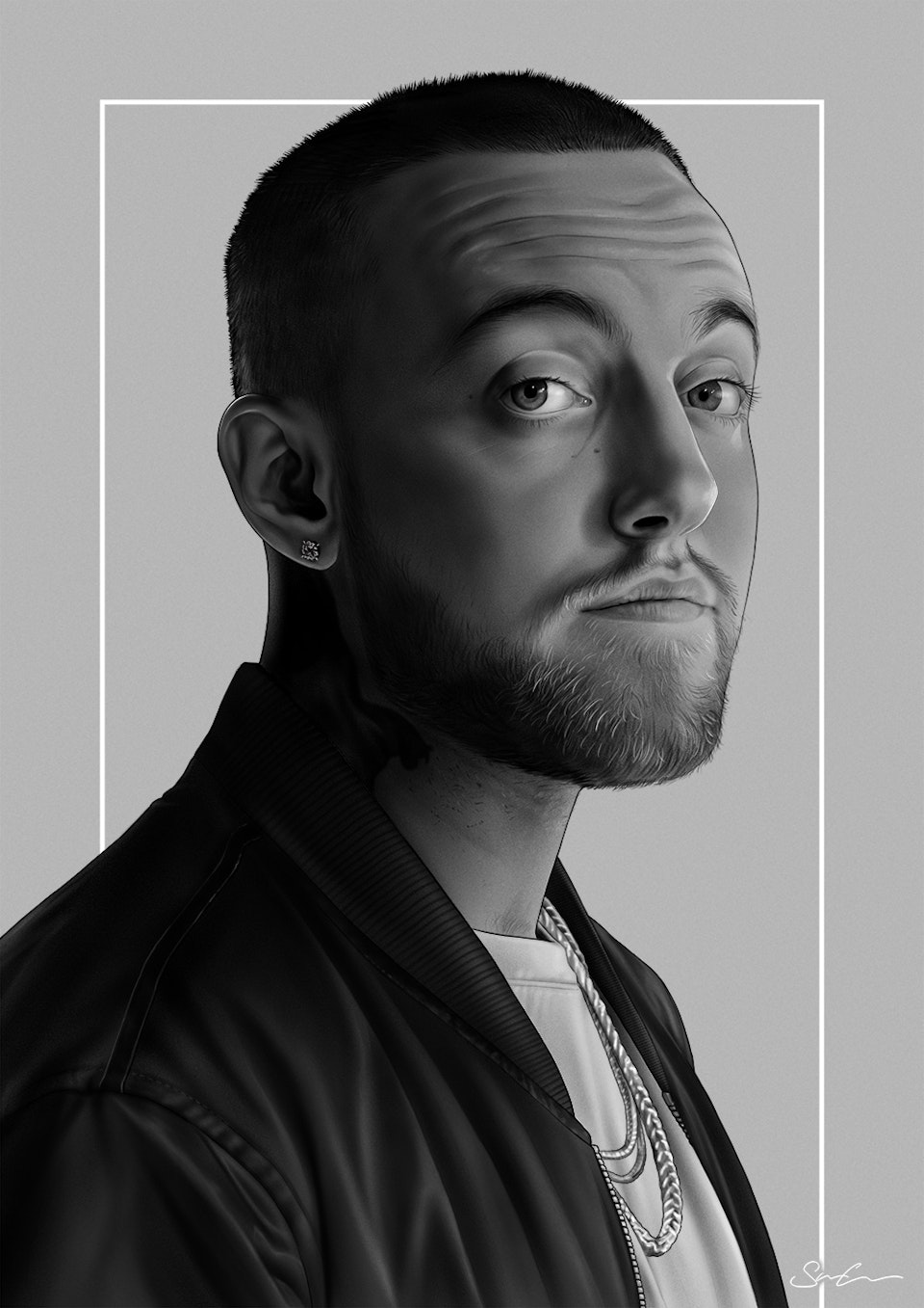 Musician Portraits - Here is the original greyscale portrait, before applying gradient map and other design elements.

Illustrated in Procreate.