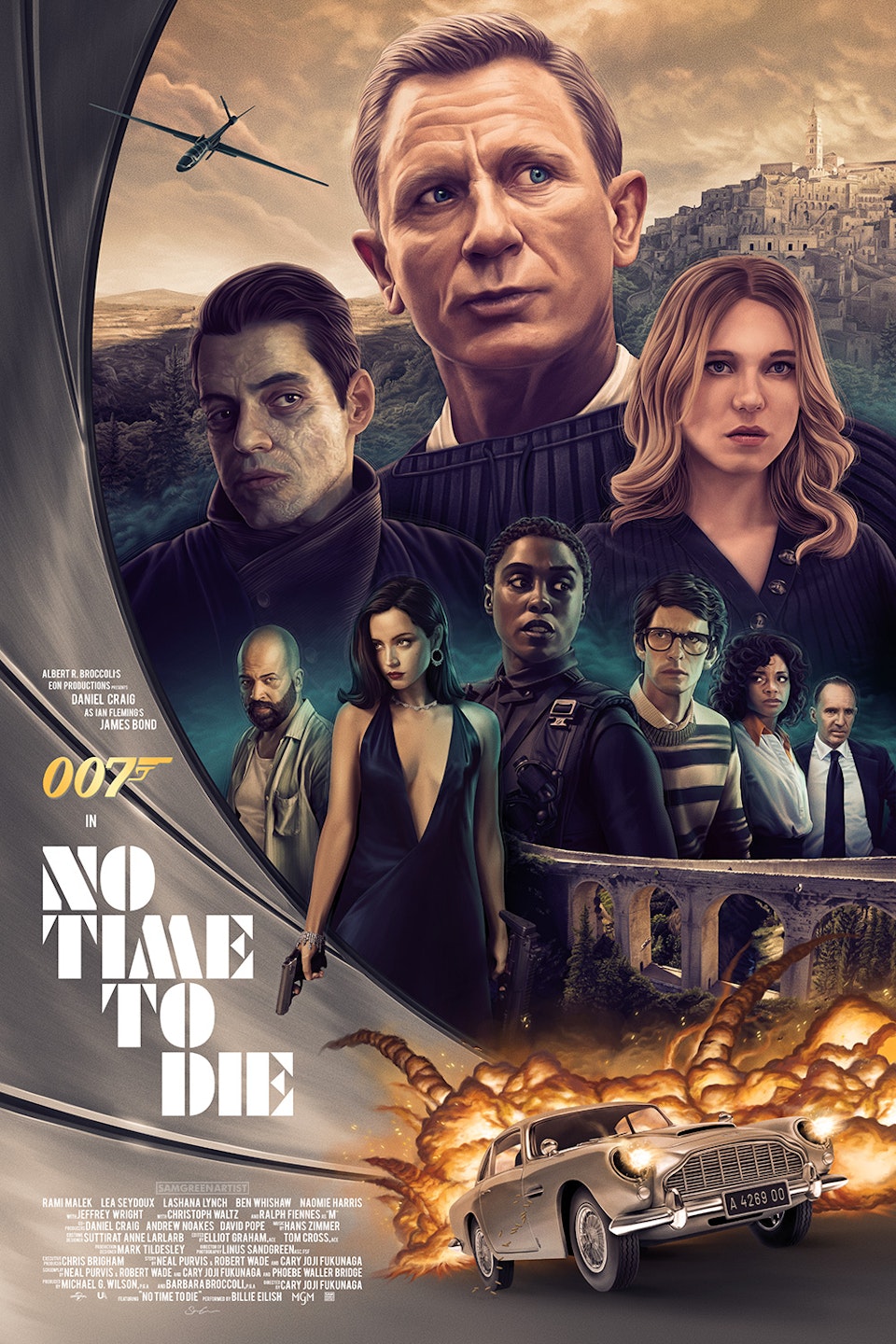 No Time To Die (Private Commission) - James Bond - No Time To Die poster illustration - Variant "Silver Birch" edition
Named after the paint colour of Bond's iconic Aston Martin DB5, the Silver Birch variant features a different colour-scheme overall. As well as this you can see the DB5 in it's slick, silver glory without all of the damage featured on the regular edition. Bond, James Bond is featured in his tactical sweater as seen in the climax of the film - as opposed to the tux on the regular edition.
Painted in Procreate, title and design in Adobe Illustrator, assembly in Adobe Photoshop.