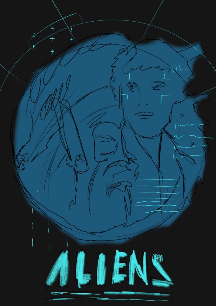 Aliens - Original thumbnail sketch for the poster. At this stage I was just figuring out general shapes and proportions around the circular framing element.