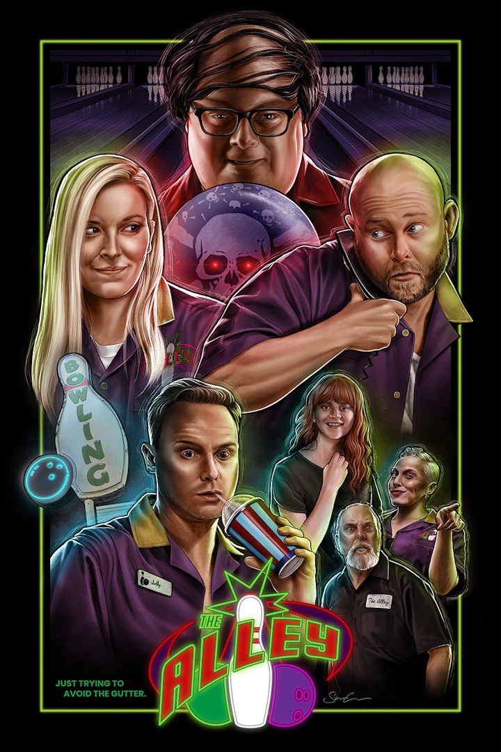 The Alley - I was approached to design and illustrate a poster for the screening of the pilot episode of the TV show 'The Alley'.
The show is a really fun genre bending trip, taking influence from David Lynch, movies like Clerks, 80's B-movies among others - with a slick presentation and a pulsing synth soundtrack.

Drawn in Procreate, coloured in Affinity Photo on iPad Pro.