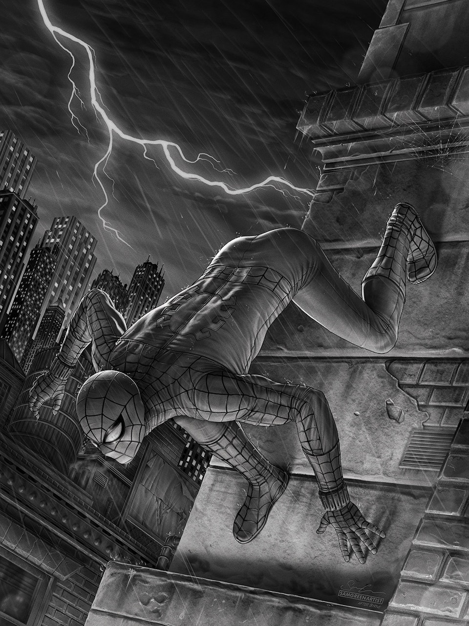 The Amazing Spider-Man - Officially licensed fine art print (Gray Matter Art) - Black and white illustration, before colour and final detailing is applied.