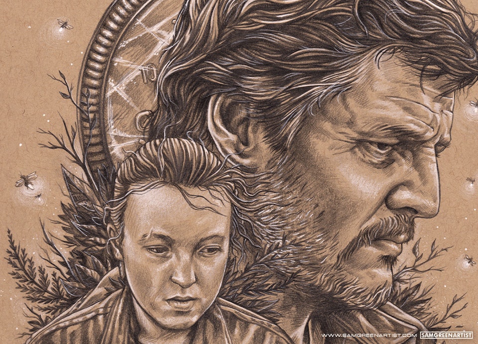 The Last of Us (HBO Series) - Detail crop - Original pencil sketch.
Pedro Pascal as Joel Miller and Bella Ramsey as Ellie Williams