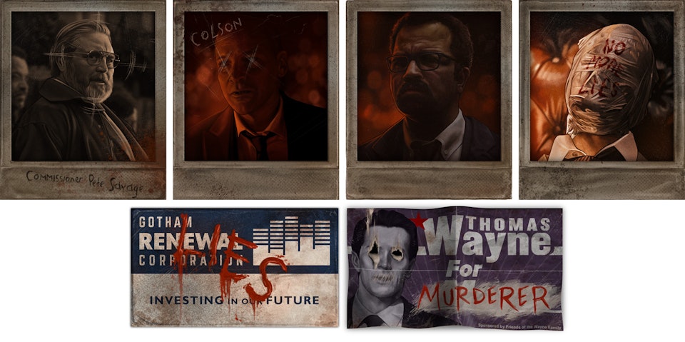 The Batman - Officially licensed poster (Bottleneck Gallery) - Polaroid photos: Pete Savage, Gil Colson, Jim Gordon, and Don Mitchell Jr.
I wanted a way of displaying some of the characters involved in this story throughout the poster, but committing to having the entire artwork be made up from ‘physical’ objects posed some challenges. It makes it more difficult to pepper in smaller portraits throughout, so I thought a good way of doing that would be with some Polaroid style photos. These are rendered at 1:1 scale, so a traditional Polaroid photo should line up with that on the printed poster.
These were a lot of fun to paint as smaller individual pieces.
