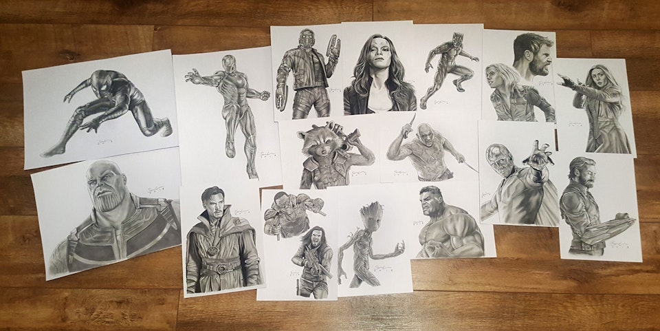 Avengers Infinity War - Here you can see all of the original ink drawings laid out.
