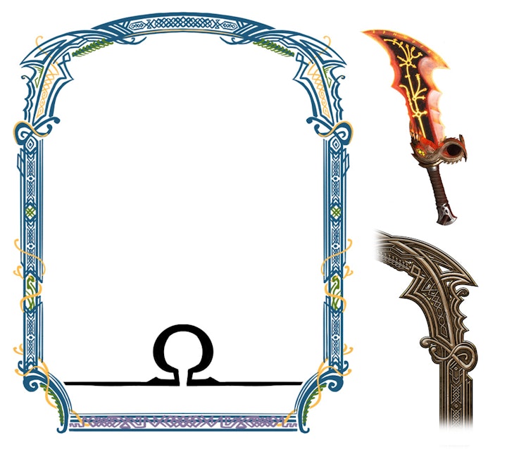 God of War Ragnarok - Initial sketch design for the frame element. On the right you can see an example of Kratos' iconic weapons - the Blades of Chaos. I looked to subtly incorporate this into the design of the frame in the upper corners, flowing naturally back into the arch of the frame itself.