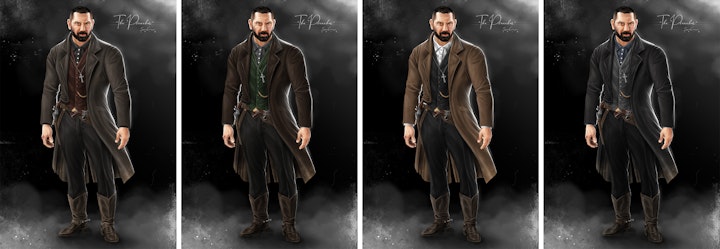 The Gift - Netflix Pitch - Colourways for the The Preacher's outfit.

The general design of the outfit was inspired predominantly by Clint Eastwood's appearance in Pale Rider, among other classic Western characters. It was important that the ornate silver cross be visible as a key part of the character's identity.