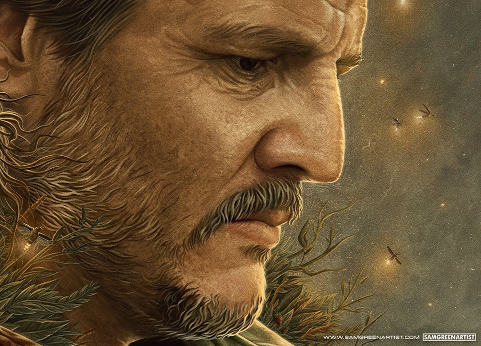 The Last of Us (HBO Series) - Detail crop - Joel closeup with fireflies