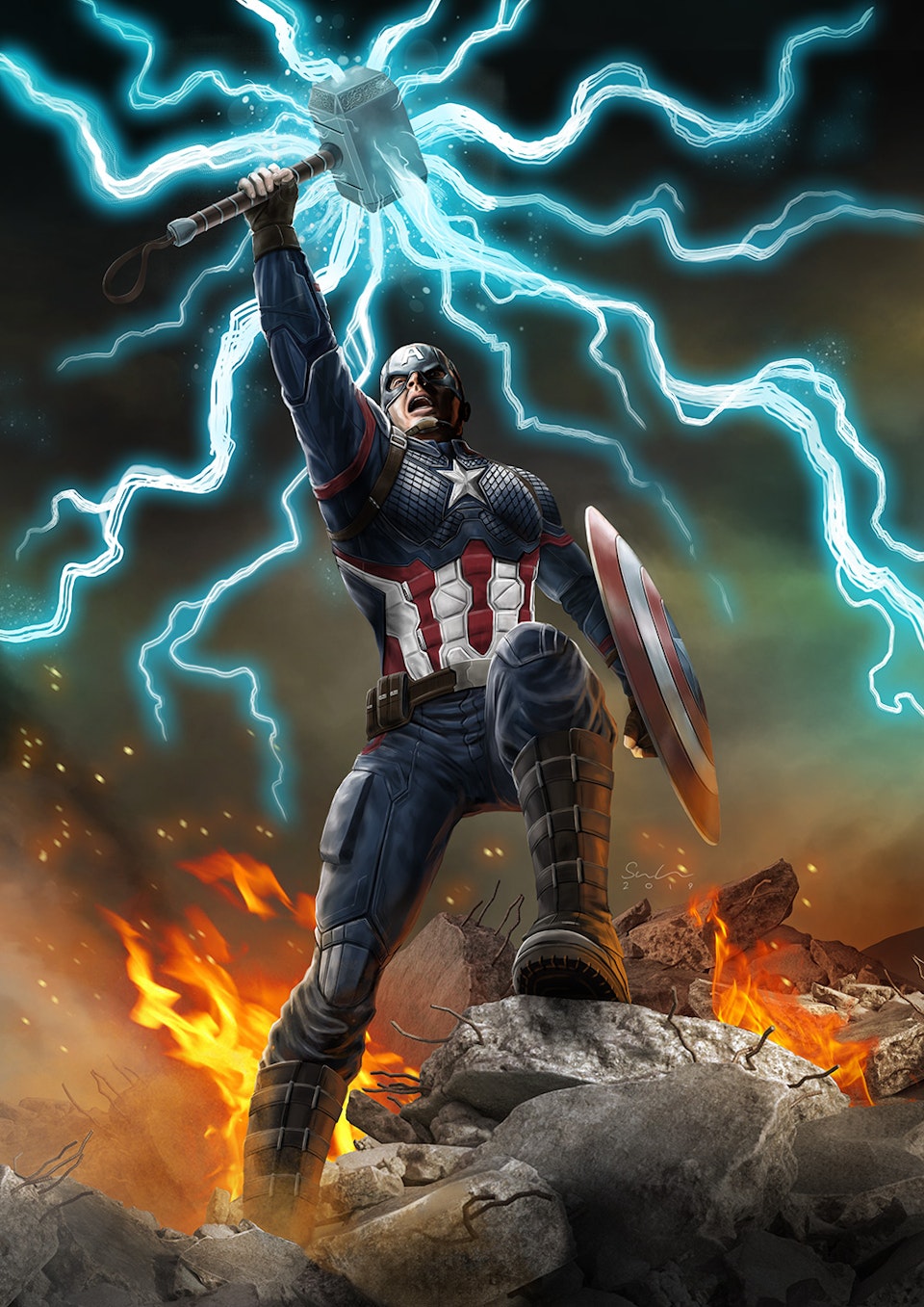 Captain America - Mjolnir - Captain America - Mjolnir 
Illustrated in Adobe Photoshop.
I actually painted this prior to the release of Avengers Endgame. The anticipation was running high and I wanted to visualise a moment that I really hoped would take place; Cap proving his worthiness - lifting Mjolnir and shouting "Avengers assemble!". I was delighted when I watched this dream scenario unfold on the big screen before me at the midnight release of the film.
An unfortunate drawback of this spot on prediction was a good deal of angry messages saying I'd spoiled a key moment in the film!