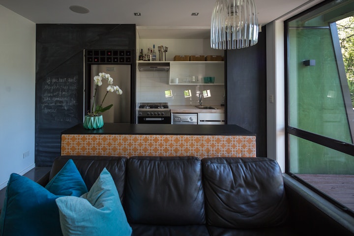 The Black House part one - The kitchen was designed by Architect Stacey Farrell to be closed off with smart sliding doors to reduce clutter at this small house in Queenstown