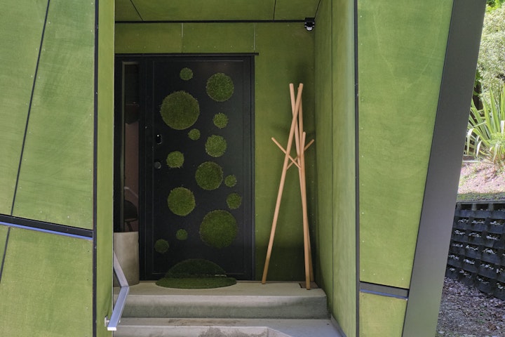 The Black House part two - The sheltered entranceway was constructed by Queenstown Architect Stacey Farrell to welcome and protect guests arriving at the Black House in Arthurs Point