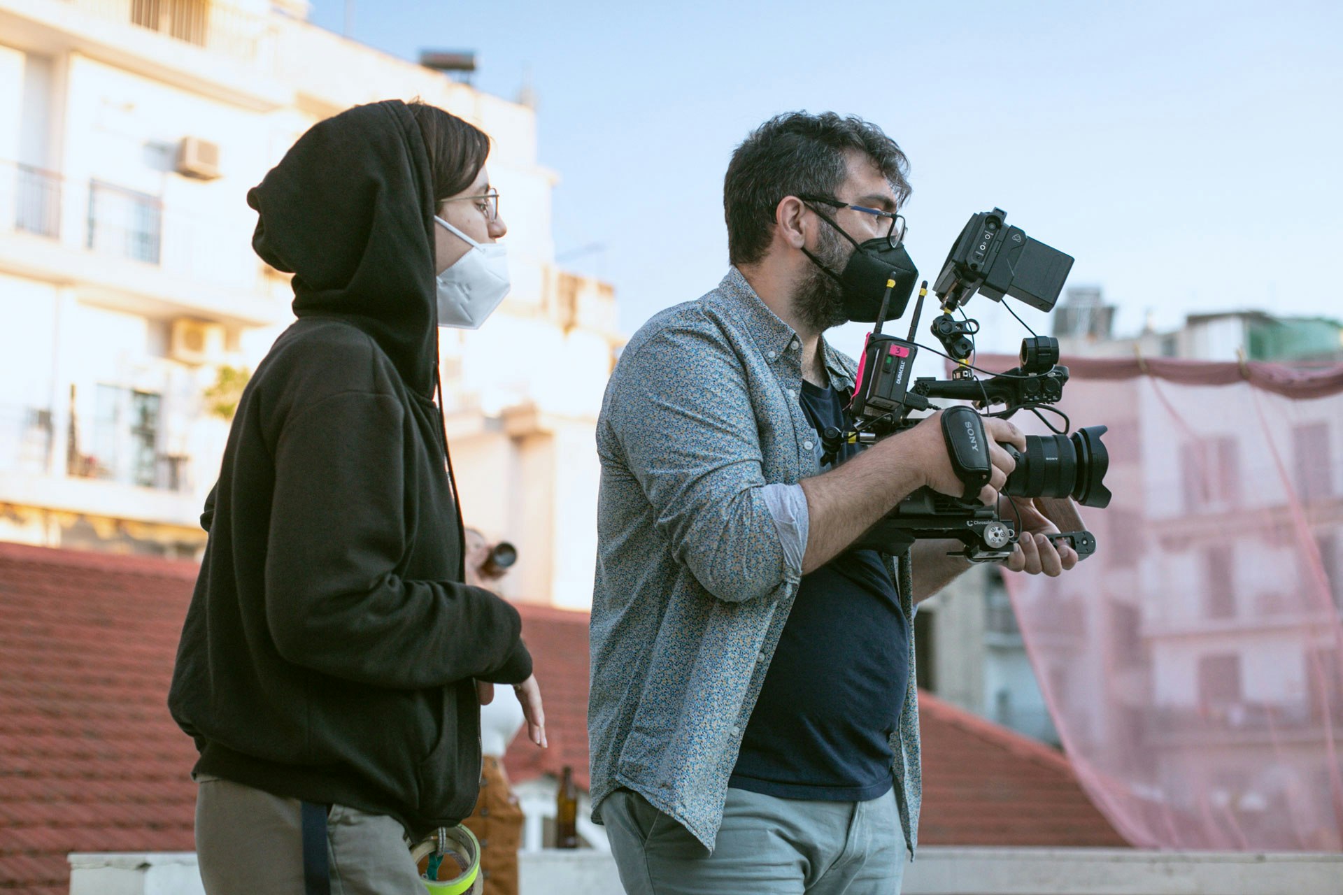 Shooting handheld with FX6 and protected by the magnificent AC Nefeli Ntakozoudi. Photo by Iliana Bennet