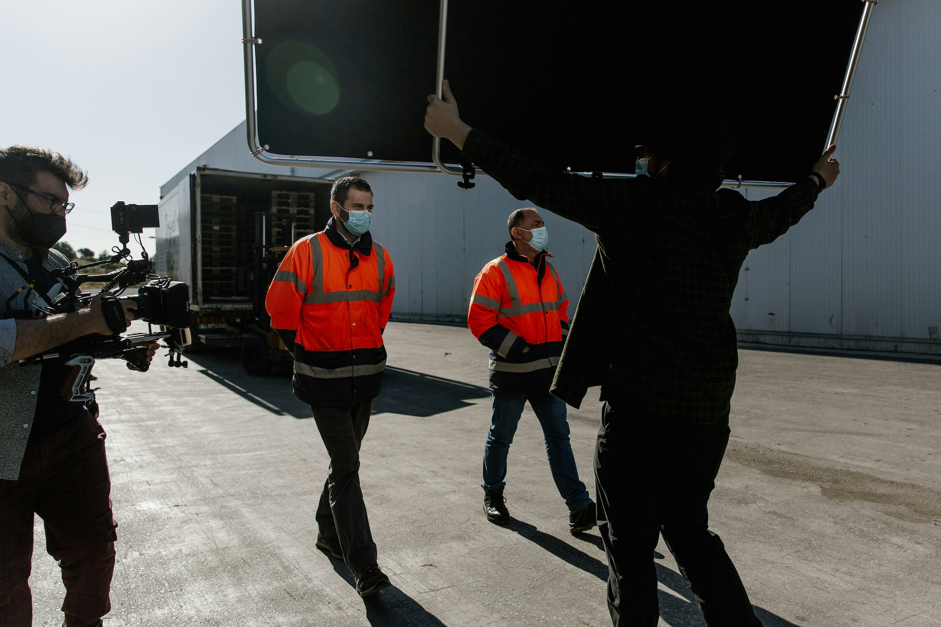 Shooting and walking in morning sun enjoying the light fill by Gaffer Dimitris Manousiakis. Photo by Nikos Katsaros