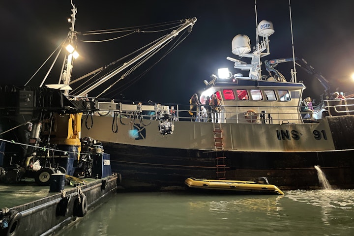 Camera Crane Boat being used to film Hero Trawler on 'Liaison' - Apple TV Series