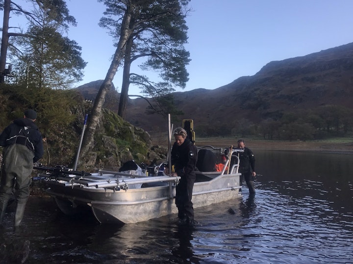 Small Camera Boat with low mode Slider set up on built-in scaffold mounting points. On location in the Lake District.