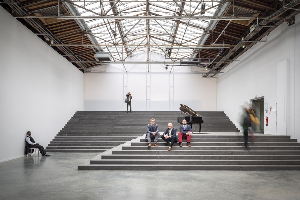 portraits - Russell Curtis, Dieter Kleiner and Tim Riley of architect RCKa, photographed at the Palais de Tokyo, Paris, for Building Design magazine.