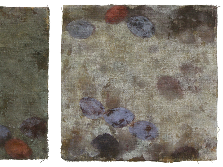 Zwetschgen, 2010 #16, Tempera auf Leinen, dreiteilig je 21 x 21 cm