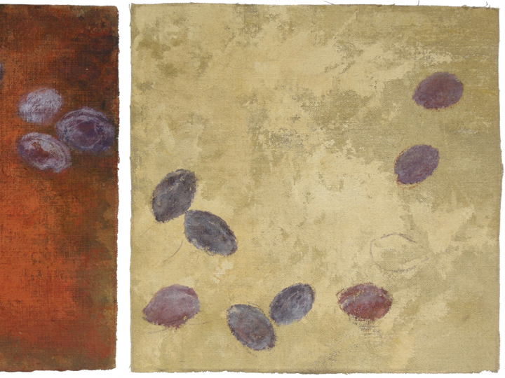 Zwetschgen, 2007 #6, Tempera auf Leinen, dreiteilig je 31 x 31 cm