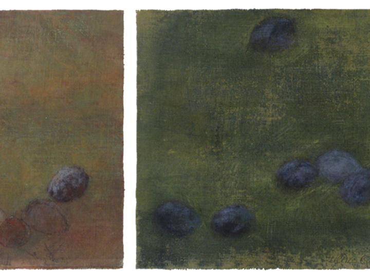 Zwetschgen, 2006 #1, Tempera auf Leinen, fünfteilig je 29 x 29 cm