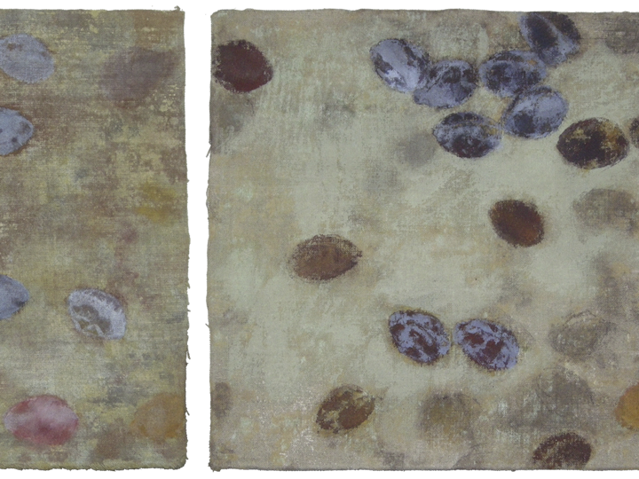 Zwetschgen, 2017 #10#9#11, Tempera auf Leinen, dreiteilig je 31 x 31 cm