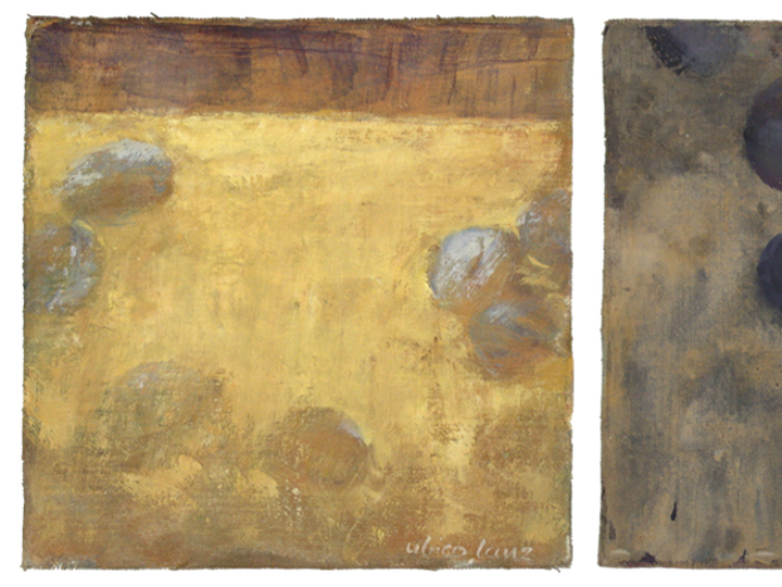 Zwetschgen, 2003 #1, Tempera auf Leinen, fünfteilig je 21 x 21 cm