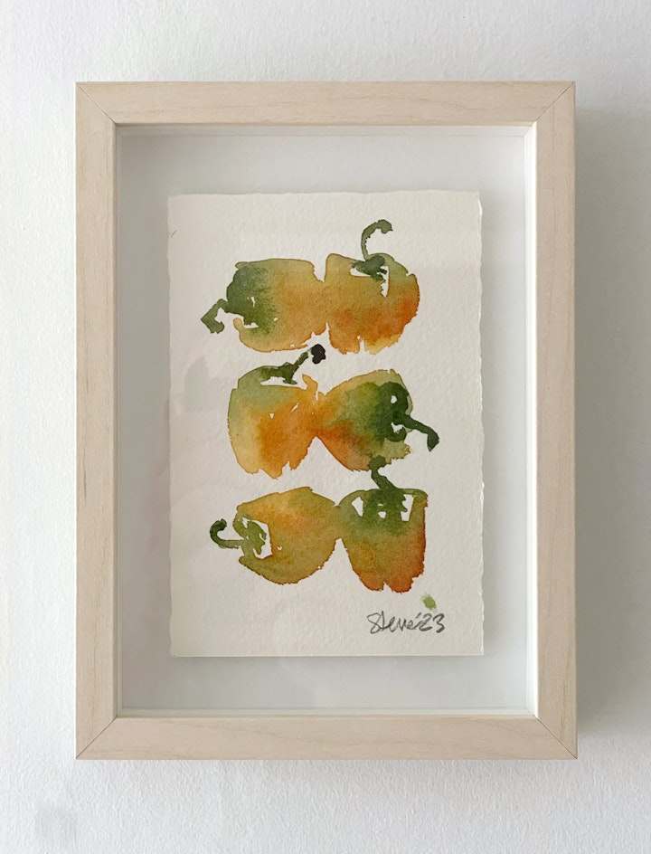 affordable watercolours - Peppers. Watercolour floated in a small Ikea Hovsta 13x18cm faux Birch frame. £50 Including UK delivery. Email me for details steve@stevedeer.co.uk