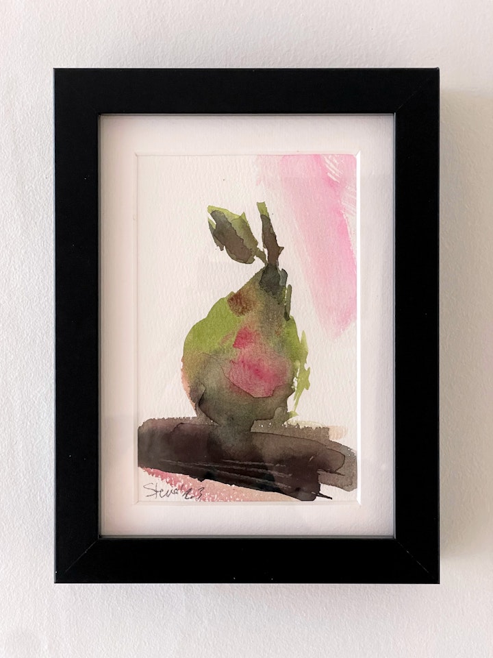 affordable watercolours - Pear #1. Watercolour in small black Ikea Ribba 13x18cm frame. £50 Including UK delivery. Email me for details steve@stevedeer.co.uk