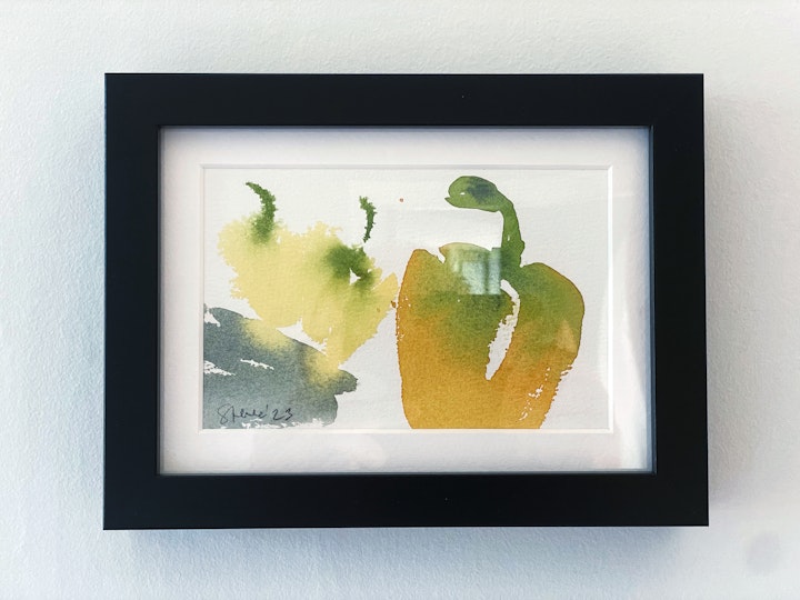 affordable watercolours - Peppers. Watercolour in small black Ikea Ribba 13x18cm frame. £50 Including UK delivery. Email me for details steve@stevedeer.co.uk