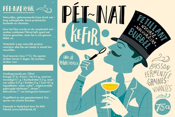 Label design and illustration for a non alcoholic petillant naturel. Pétillant-naturel (natural sparkling) is a catch-all term for practically any sparkling wine made in the méthode ancestrale, meaning the wine is bottled before primary fermentation is finished, without the addition of secondary yeasts or sugars.