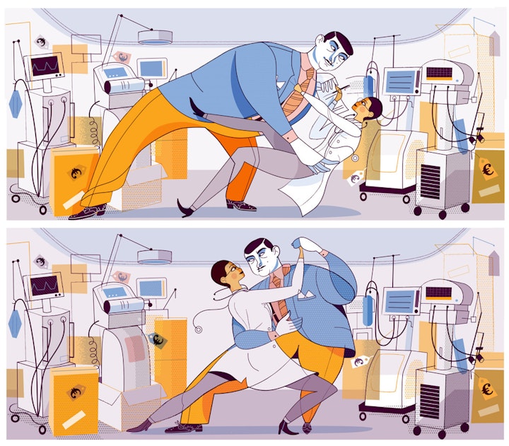 llustration for "follow the money" about the relation between medical specialists and medical tools ceo's