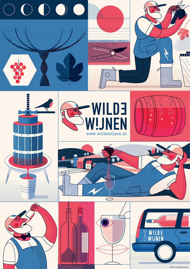 Wilde wijnen. Natural wine importers Identity and website illustrations