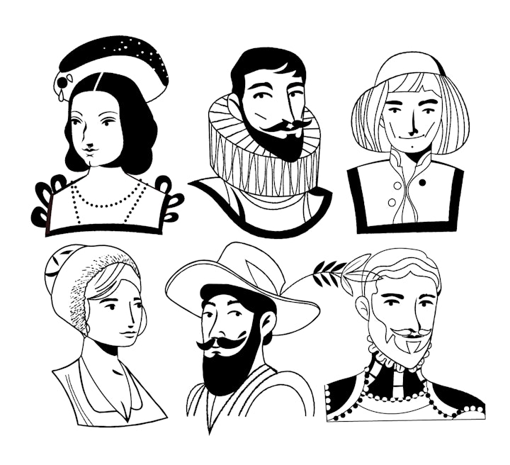 Black and white versions of some of the characters to be used in a stamp machine.