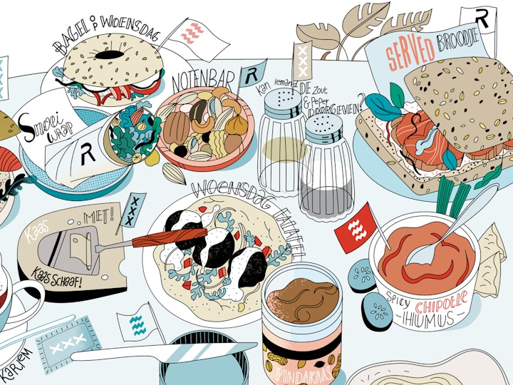 Spread for 10 year celebration magazine for Halsten legal company. These are some of the employees favorite lunch items.
