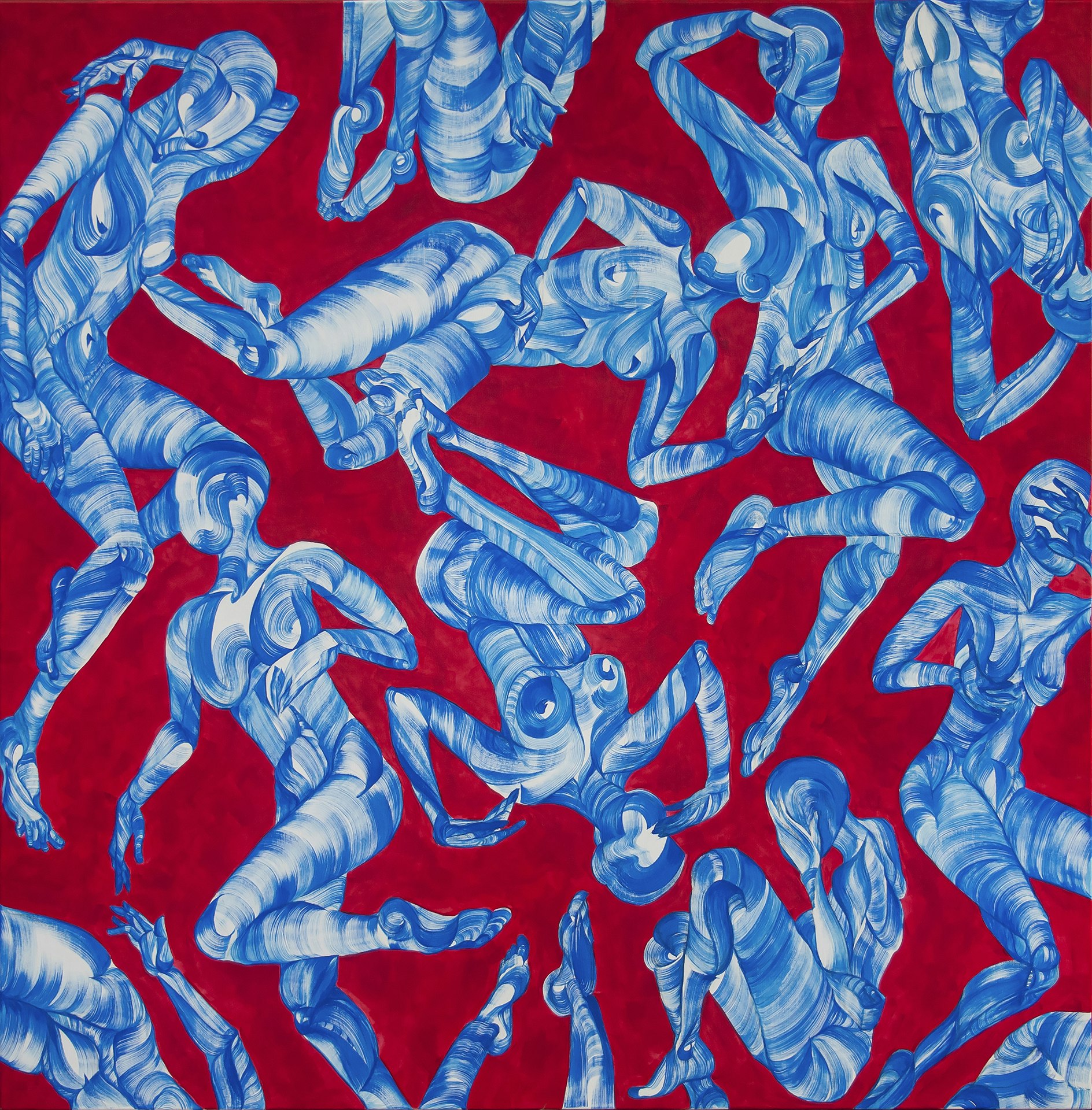 - Torment is a 12-piece self portrait, structured into a pattern. I drew pose after pose with each one representing a stage of my mindset. Regretful, upset, hurt, ashamed, accepting, relaxed, doomed. For each stage I couldn't use a photography reference as it wouldn't be a true representation of my mind. I drew with my feelings. If the pose was anatomically incorrect I experienced physical pain. Then it was up to me to see if the pain is something that I felt on this stage of my self-therapy. Overall 12 poses. 12 stages of my rebirth.
Artwork title: Torment
Artwork dimensions: 120x120cm
Medium/materials used: Handmade stretched and primed canvas. Frame material: European pine 35mm. Canvas: Linen Cotton. Acrylic paint.
Year artwork was created: 2021