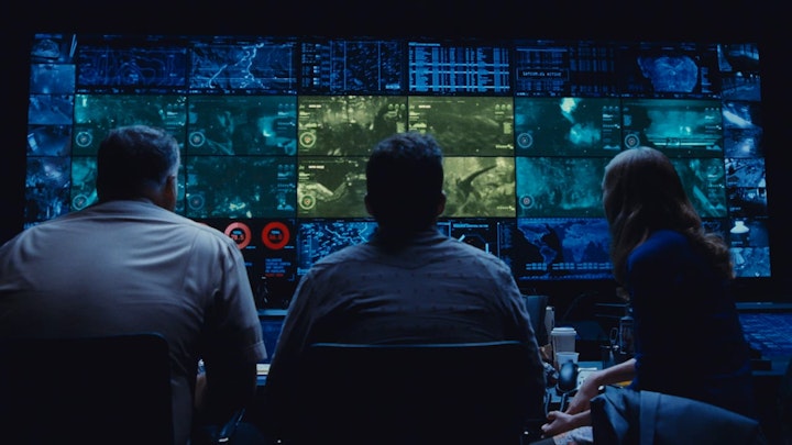 Graphic design/FUI/playback graphics of video wall shots in Jurassic World (2015). Design by Tiz Beretta. Compositing/VFX/Animation by Image Engine Design Inc. 20 shots total.