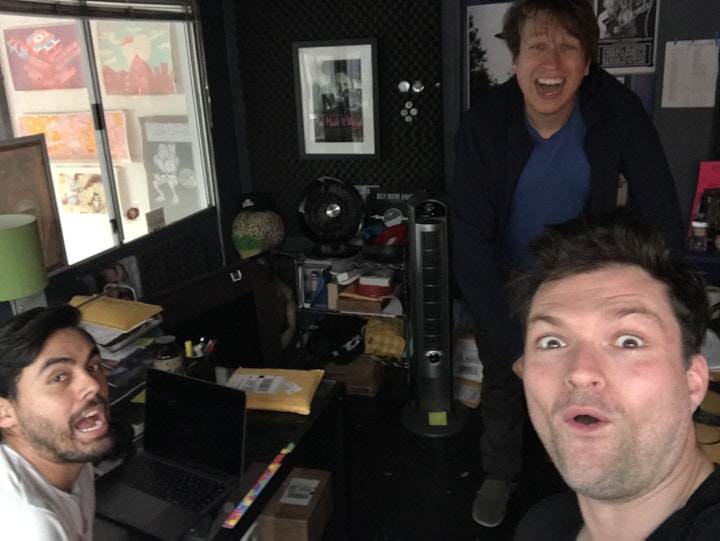 Taken seconds after Pete Holmes & I recorded our second "You Made It Weird" and the room reeked of sweaty laughter.