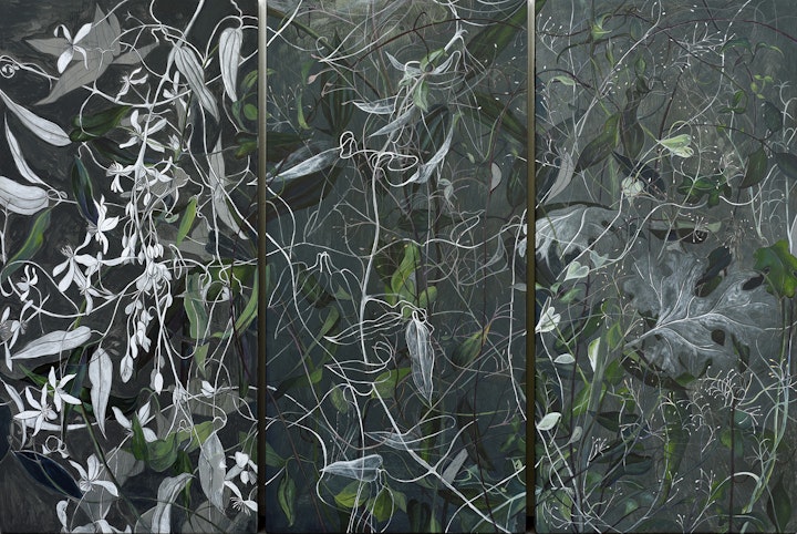 'Tangled'.
Medium; Acrylic, Emulsion and graphite on board.
Dimensions; 84cm x 124cm with a 2cm gap in-between each piece.