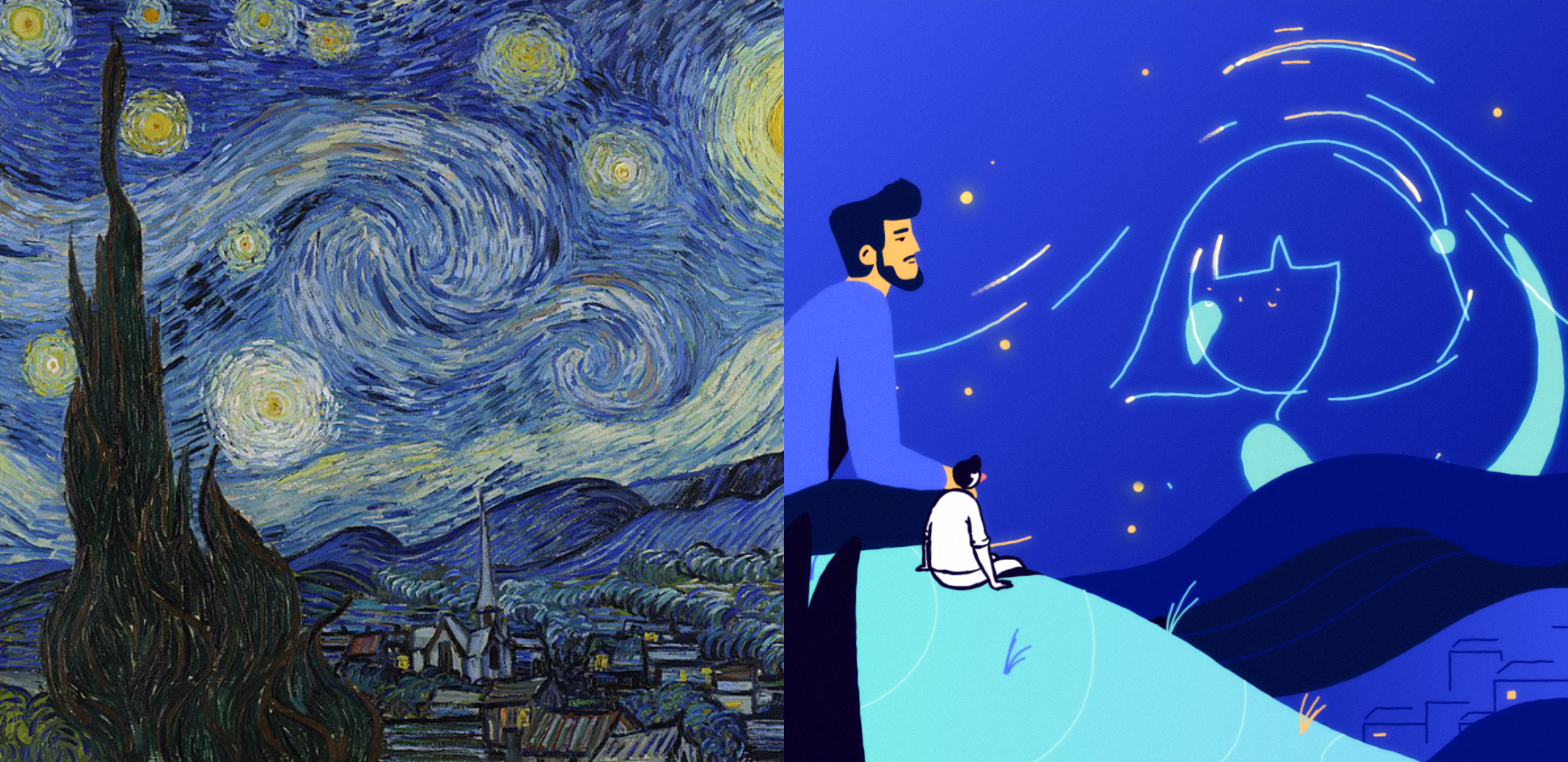 The Starry Night by Van Gogh original and illustration