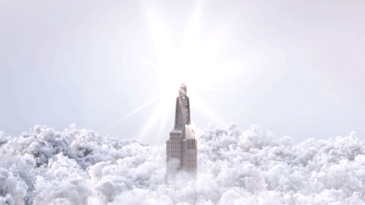 Skyscraper over the clouds 3D animation