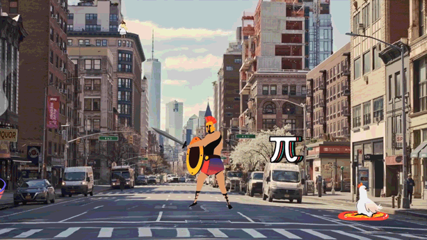 Animation of a llama, curry bowl, gladiator and  chicken pizza on the street