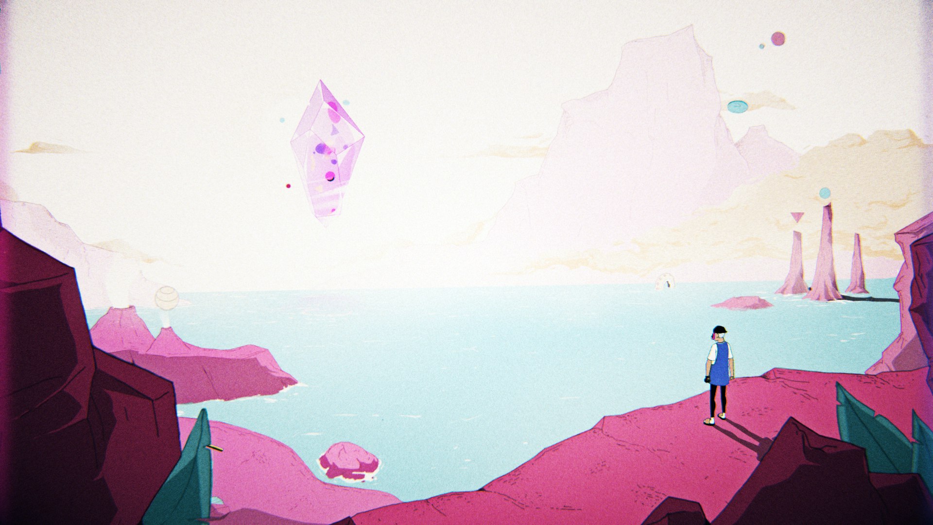 Illustration of a surrealist landscape with a levitating diamond