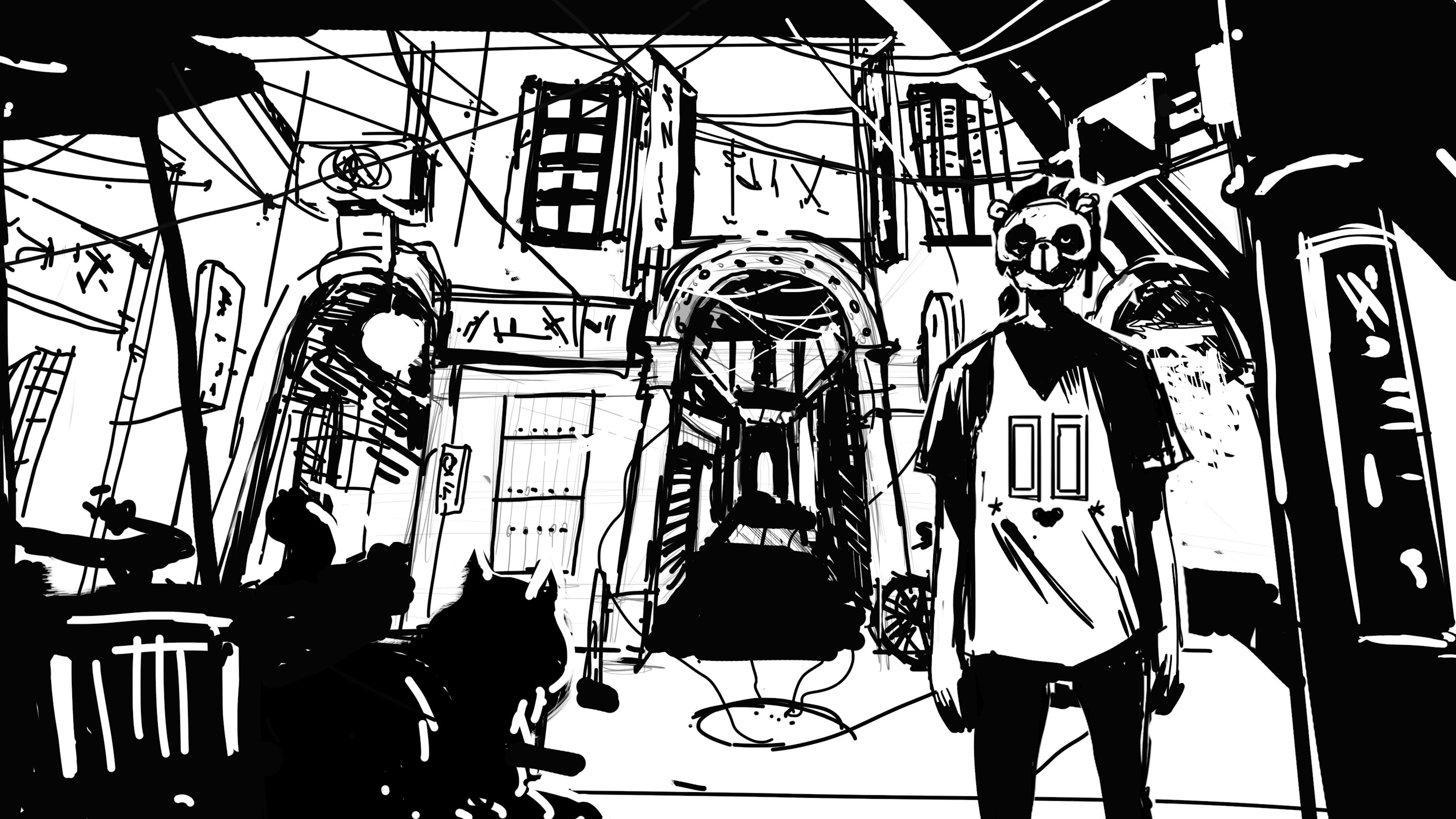 Black and white concept illustration of a character in the middle of the street