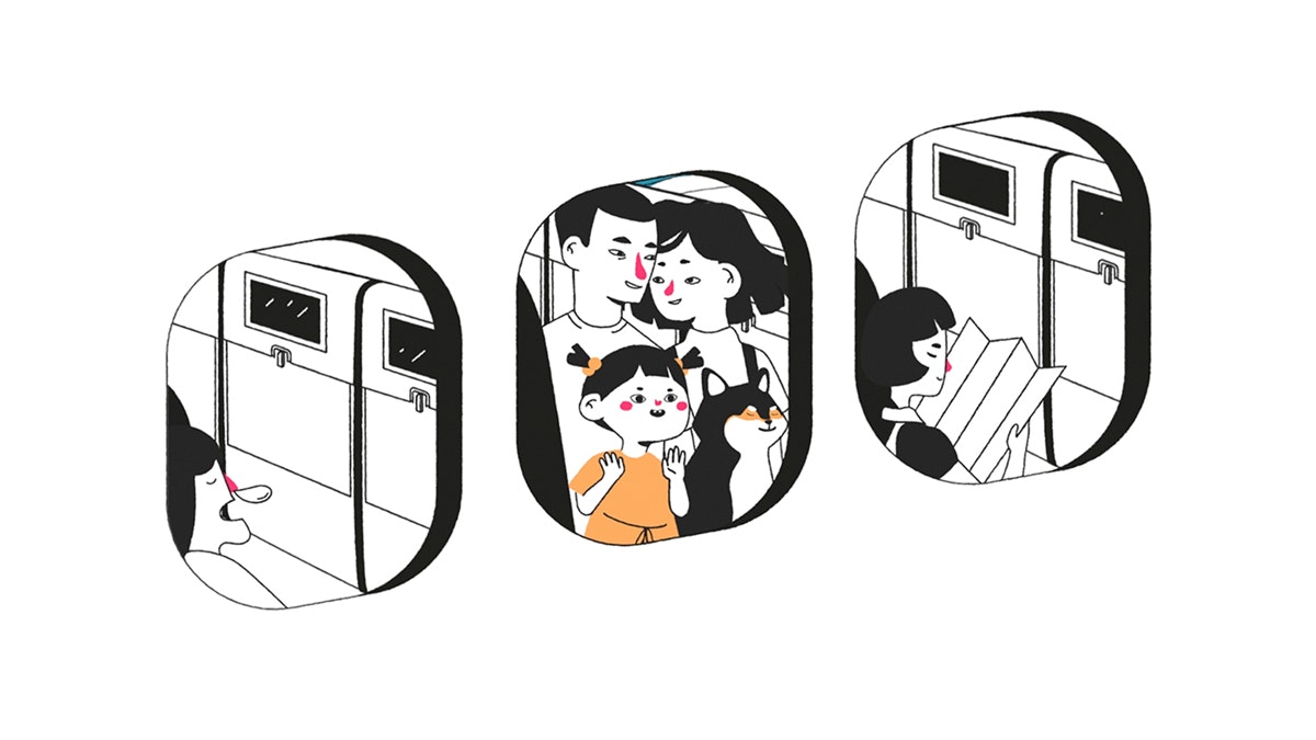 Illustration of a family looking out the window of the plane